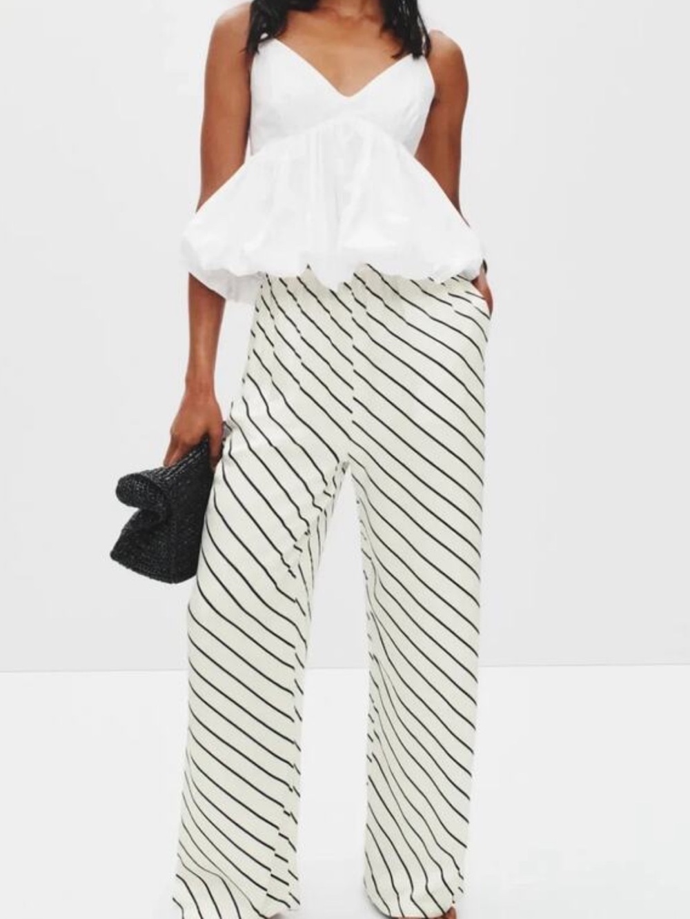 High-Rise Striped Wide-Leg Pants in White with Black Stripes